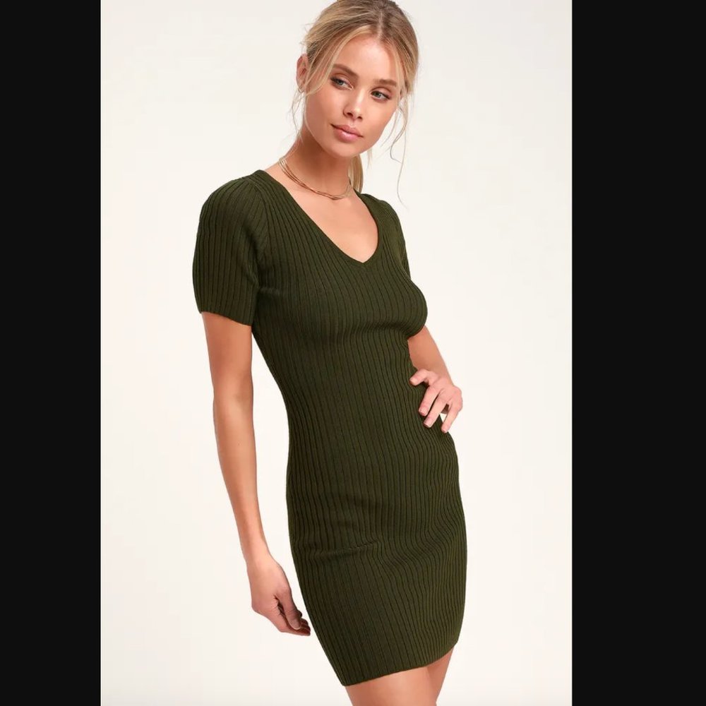 Janese Olive Green Ribbed Knit Bodycon Dress